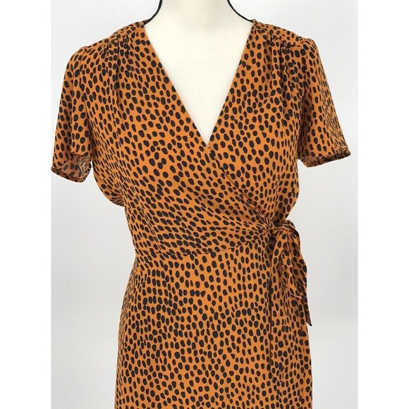 J.Crew Orange Black Spotted Drapey Twill Wrap Dress Sz 0 | Chic Short Sleeve - Picture 4 of 9